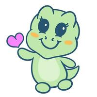 Hand drawn cute little dino with heart cartoon character vector