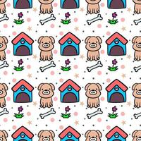 Hand drawn funny little dog with house, bone and flower cartoon seamless pattern vector