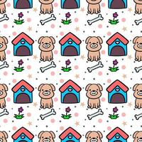 Hand drawn funny little dog with house, bone and flower cartoon seamless pattern vector