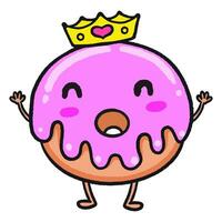 Hand drawn kawaii little donut with crown cartoon illustration vector