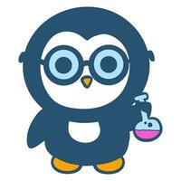 mano dibujado linda pequeño pingüino científico con químico botella dibujos animados ilustración vector