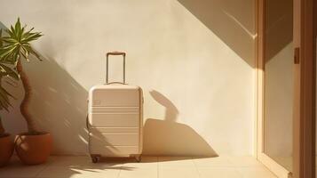 Beige suitcase sits on floor, casting a shadow against the wall. Generative AI photo