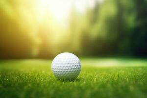 Close up photo of a golf ball on tee with blurred green bokeh background. Perfect for use in golf related advertising, social media posts, or website designs. Generative AI