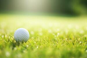 Close up photo of a golf ball on tee with blurred green bokeh background. Perfect for use in golf related advertising, social media posts, or website designs. Generative AI