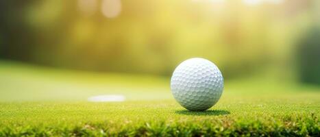 Close up photo of a golf ball on tee with blurred green bokeh background. Perfect for use in golf related advertising, social media posts, or website designs. Generative AI