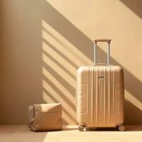 Beige suitcase sits on floor, casting a shadow against the wall. Generative AI photo