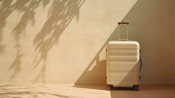 Beige suitcase sits on floor, casting a shadow against the wall. Generative AI photo