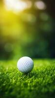 Close up photo of a golf ball on tee with blurred green bokeh background. Perfect for use in golf related advertising, social media posts, or website designs. Generative AI