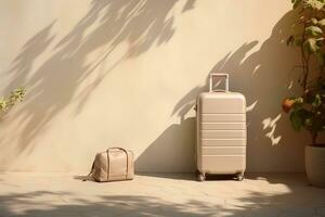 Beige suitcase sits on floor, casting a shadow against the wall. Generative AI photo