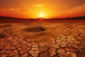 Stunning sunset over a dried out field. The golden sun casts a warm glow over the cracked earth, creating a dramatic and beautiful scene. Generative AI photo