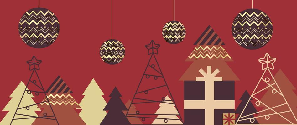 Luxury christmas and happy new year concept background vector. Elegant gradient white hanging bauble balls, gold snowflake, pine on red background. Design for wallpaper, card, cover, poster.