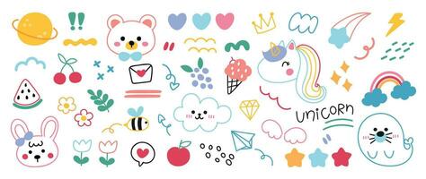 Cute hand drawn doodle vector set. Colorful collection of leaf, scribble, animal, flower, rainbow, cloud, ice cream, seal. Adorable creative design element for decoration, ads, prints, branding.