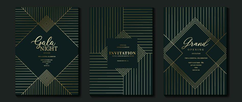 Luxury invitation card background vector. Golden elegant geometric pattern, gold line on dark blue background. Premium design illustration for wedding and vip cover template, grand opening, gala.