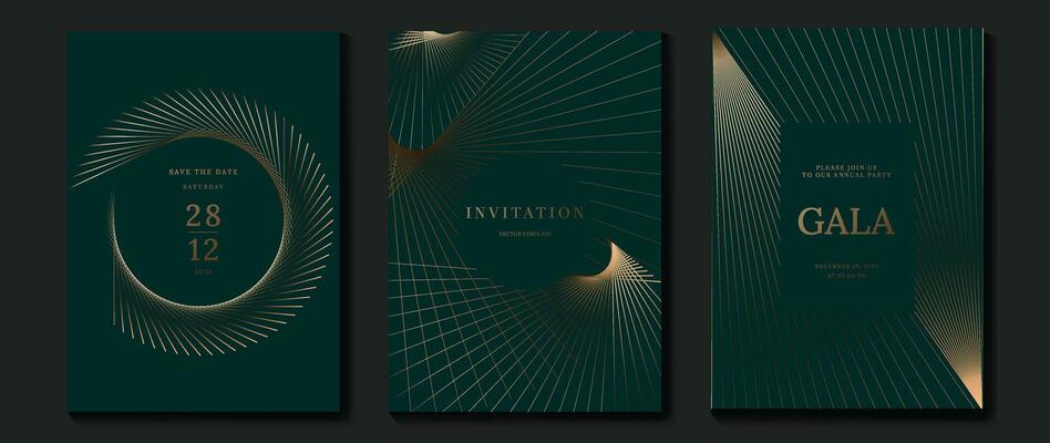 Luxury invitation card background vector. Golden elegant geometric pattern, gold line on dark green background. Premium design illustration for wedding and vip cover template, grand opening, gala.