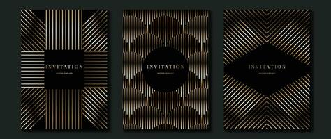 lujo invitación tarjeta antecedentes vector. dorado elegante geométrico patrón, degradado oro línea en oscuro antecedentes. prima diseño ilustración para Boda y VIP cubrir plantilla, grandioso apertura, gala. vector