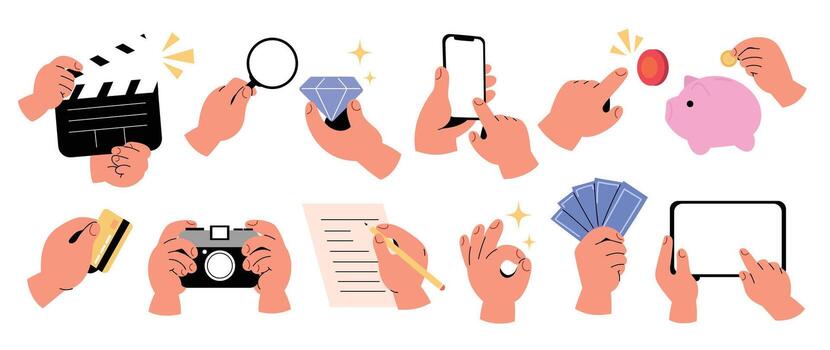 Set of different hand gestures vector. Collection of hand holding objects, business paper, laptop, credit card, finger pointing at screen, phone. Design for presentation, business, ads, social media. vector