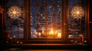 intrincado copos de nieve danza en un acogedor cabina antepecho, iluminado por el calentar resplandor de un chimenea. generativo ai foto