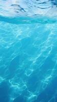 Clear blue water in a pool, with sunlight shining through and creating a beautiful reflection. Generative AI photo
