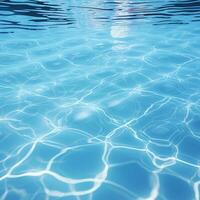Clear blue water in a pool, with sunlight shining through and creating a beautiful reflection. Generative AI photo