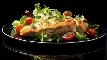 Grilled chicken fillet with salad on a black reflective surface. Healthy food, keto diet. Generative AI photo