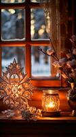 Intricate snowflakes dance on a cozy cabin windowsill, illuminated by the warm glow of a fireplace. Generative AI photo