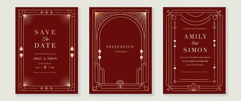 Luxury invitation card background vector. Elegant classic antique design, gold lines gradient, sparkle on red background. Premium design illustration for gala card, grand opening, art deco, magazine. vector