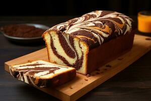 Classic marble cake on a cutting board. Moist and fluffy, with a delicious chocolate swirl. photo