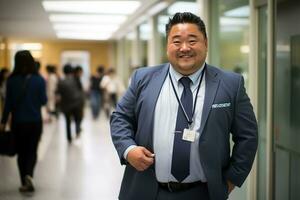 Friendly Chinese man in his forties in a blue suit standing in a modern hospital hallway. Generative AI photo