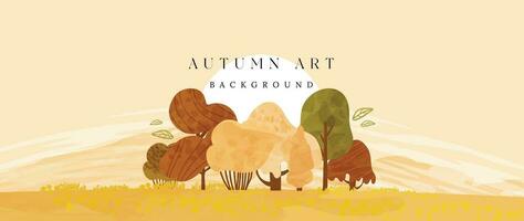 Autumn and country landscape background. Seasonal illustration vector of trees, sun, mountain, cloud, grass with watercolor, brush texture. Design for for promotion, advertising, banner, card.