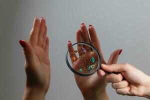 Hygiene concept. Man is showing dirty hands with many viruses and germs. photo