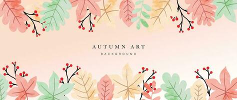 Autumn foliage in watercolor vector background. Abstract wallpaper design with maple and oak leaf, flower, line art. Elegant botanical in fall season illustration suitable for fabric, prints, cover.