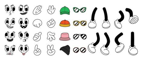 Set of 70s groovy comic vector. Collection of cartoon character faces in different emotions, hand, glove, glasses, hat, shoes. Cute retro groovy hippie illustration for decorative, sticker. vector