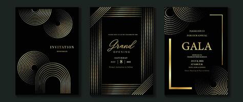 Luxury invitation card background vector. Golden elegant geometric shape, gold line, dot gradient on dark background. Premium design illustration for gala card, grand opening, party invitation. vector