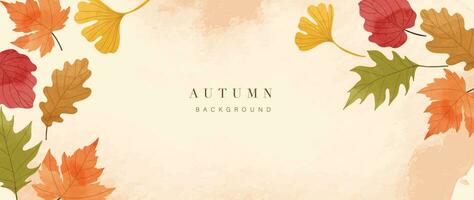 Autumn foliage in watercolor vector background. Abstract wallpaper design with maple leaves, oak, ginkgo, line art. Elegant botanical in fall season illustration suitable for fabric, prints, cover.