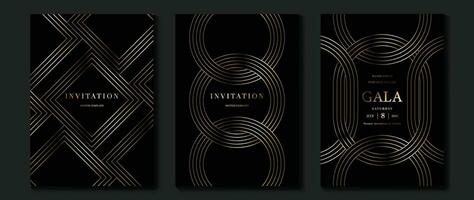 lujo invitación tarjeta antecedentes vector. dorado elegante geométrico patrón, oro línea en oscuro antecedentes. prima diseño ilustración para Boda y VIP cubrir plantilla, grandioso apertura. vector