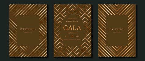 Luxury invitation card background vector. Golden elegant geometric shape, gold lines gradient on brown background. Premium design illustration for gala card, grand opening, party invitation, wedding. vector