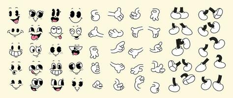 Set of 70s groovy comic faces vector. Collection of cartoon character faces, leg, hand in different emotions happy, angry, sad, cheerful. Cute retro groovy hippie illustration for decorative, sticker. vector