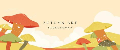 Autumn and country landscape background. Seasonal illustration vector of trees, mushroom, mountain, cloud with watercolor, brush texture. Design for for promotion, advertising, banner, card.