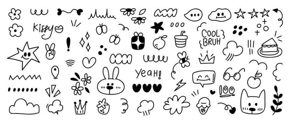 Set of cute pen line doodle element vector. Hand drawn doodle style collection of heart, ice cream, scribble, flower, star, butterfly, bear. Design for print, cartoon, card, decoration, sticker.