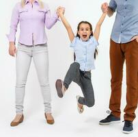 father and mother hold daughter white background photo