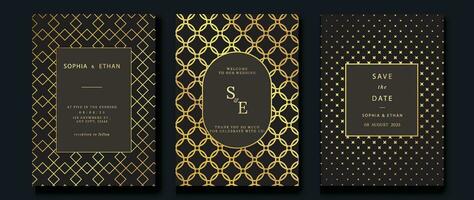 Luxury invitation card background vector. Golden elegant geometric shape, gold lines gradient on brown background. Premium design illustration for gala card, grand opening, party invitation, wedding. vector