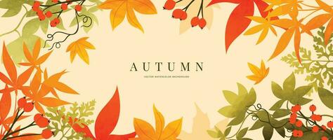 Autumn foliage in watercolor vector background. Abstract wallpaper design with maple and oak leaf, flower, line art. Elegant botanical in fall season illustration suitable for fabric, prints, cover.