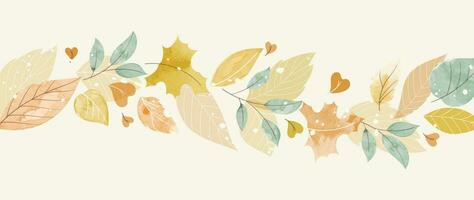 Autumn foliage in watercolor vector background. Abstract wallpaper design with maple leaves, oak leaf, line art. Elegant botanical in fall season illustration suitable for fabric, prints, cover.