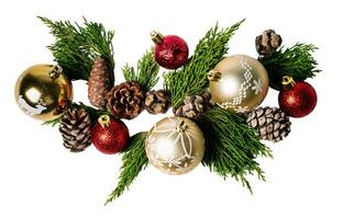Christmas pine branches and ornaments balls, isolated on white or transparent background. photo