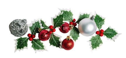 Christmas Holly Leaves and balls ornament, isolated on white or transparent background. photo