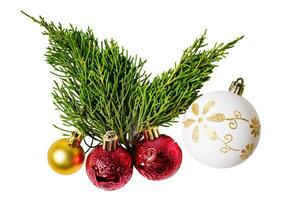 Christmas pine branches and ornaments balls, isolated on white or transparent background. photo