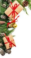 Christmas fir branches, gift boxes isolated on white or transparent background. photo