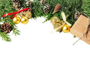 Pine twigs and Christmas decorations isolated on white or transparent background. photo