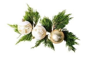 Christmas pine branches and ornaments balls, isolated on white or transparent background. photo