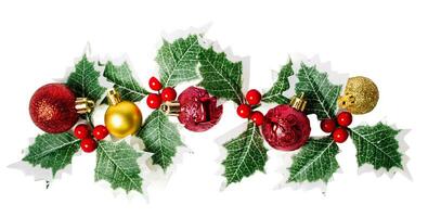 Christmas Holly Leaves and balls ornament, isolated on white or transparent background. photo